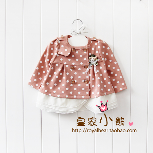 Idea 2013 spring infant female child dot double breasted bear brooch outerwear top trench