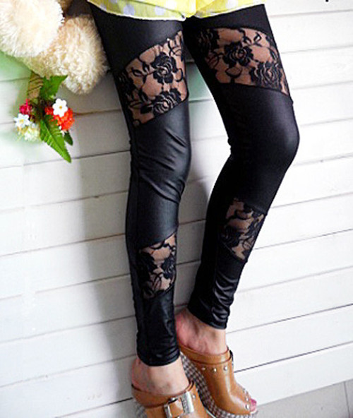 Imitation leather lace leggings Free Shipping 3032