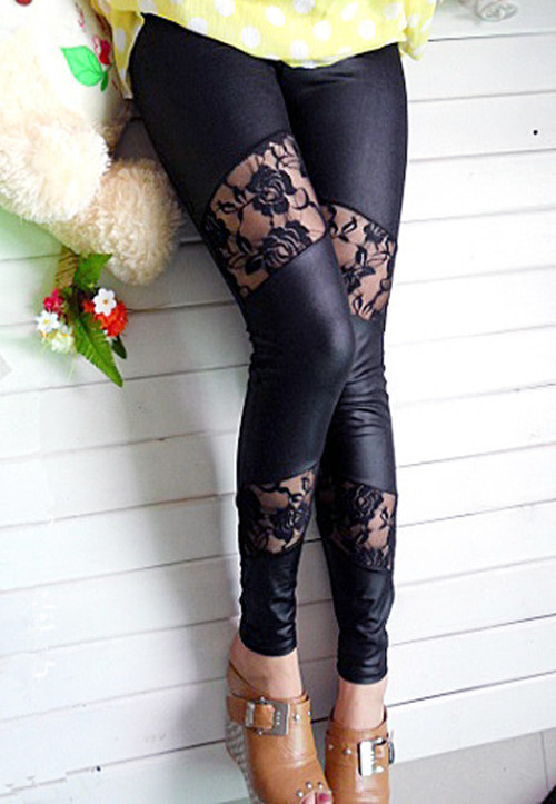 Imitation leather lace leggings Free Shipping 3032