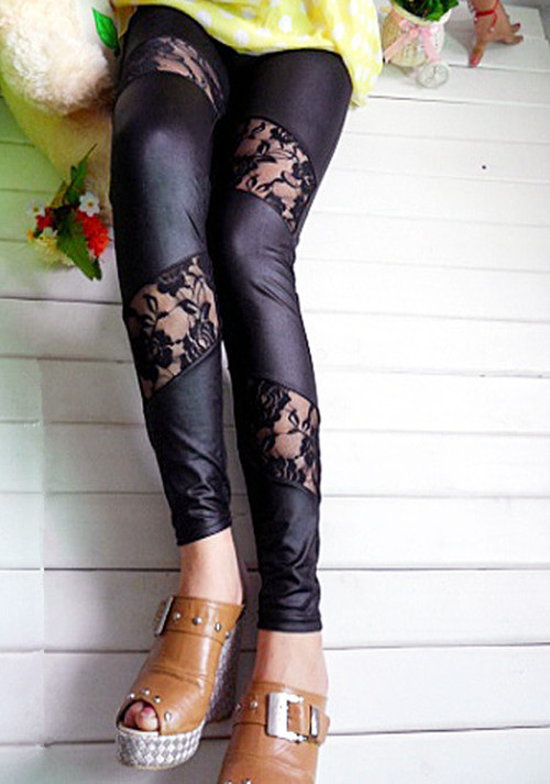 Imitation leather lace leggings Free Shipping 3032
