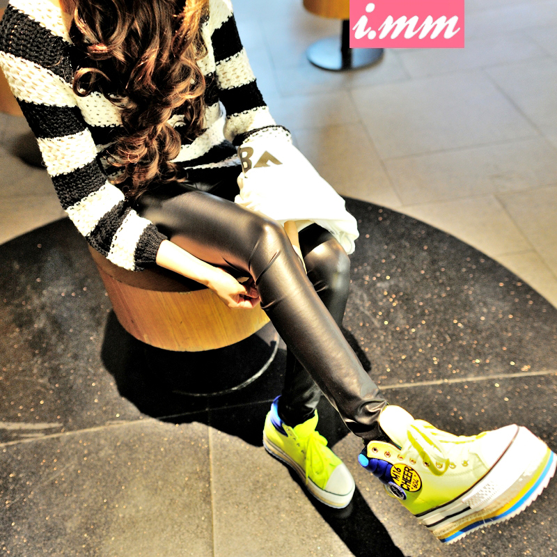 Imm autumn female dull tight hole lace elastic plus size faux leather pants legging