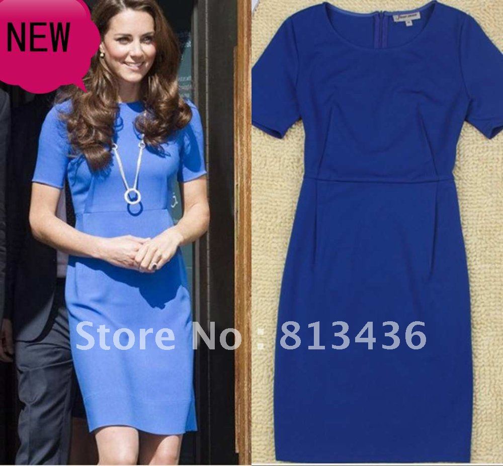 In Stock !! Exquisite Princess Kate Middleton Short Round Collar Royal Blue Knee Length Celibrity Dresses Party Dress CD-07