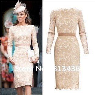 In Stock! Luxury Lace Princess Kate Middleton Knee Length Sheath Round Collar Champagne OL Celibrity Dresses Party Dress CD-01