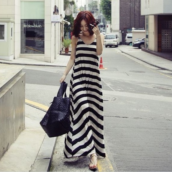 In stock New 2013 fashion summer striped maxi Dress ,Cotton Sleeveless womens long dresses beach