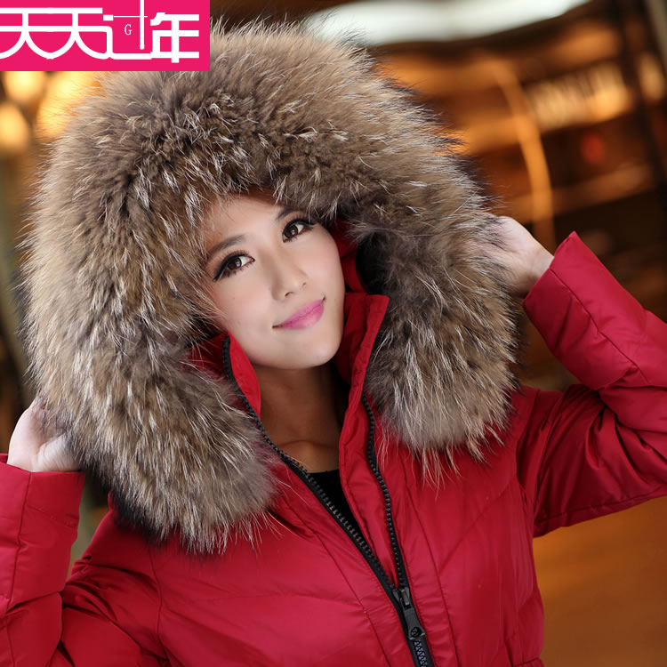 In stock new year 2012 autumn and winter new arrival large luxury raccoon fur medium-long slim belt down coat female