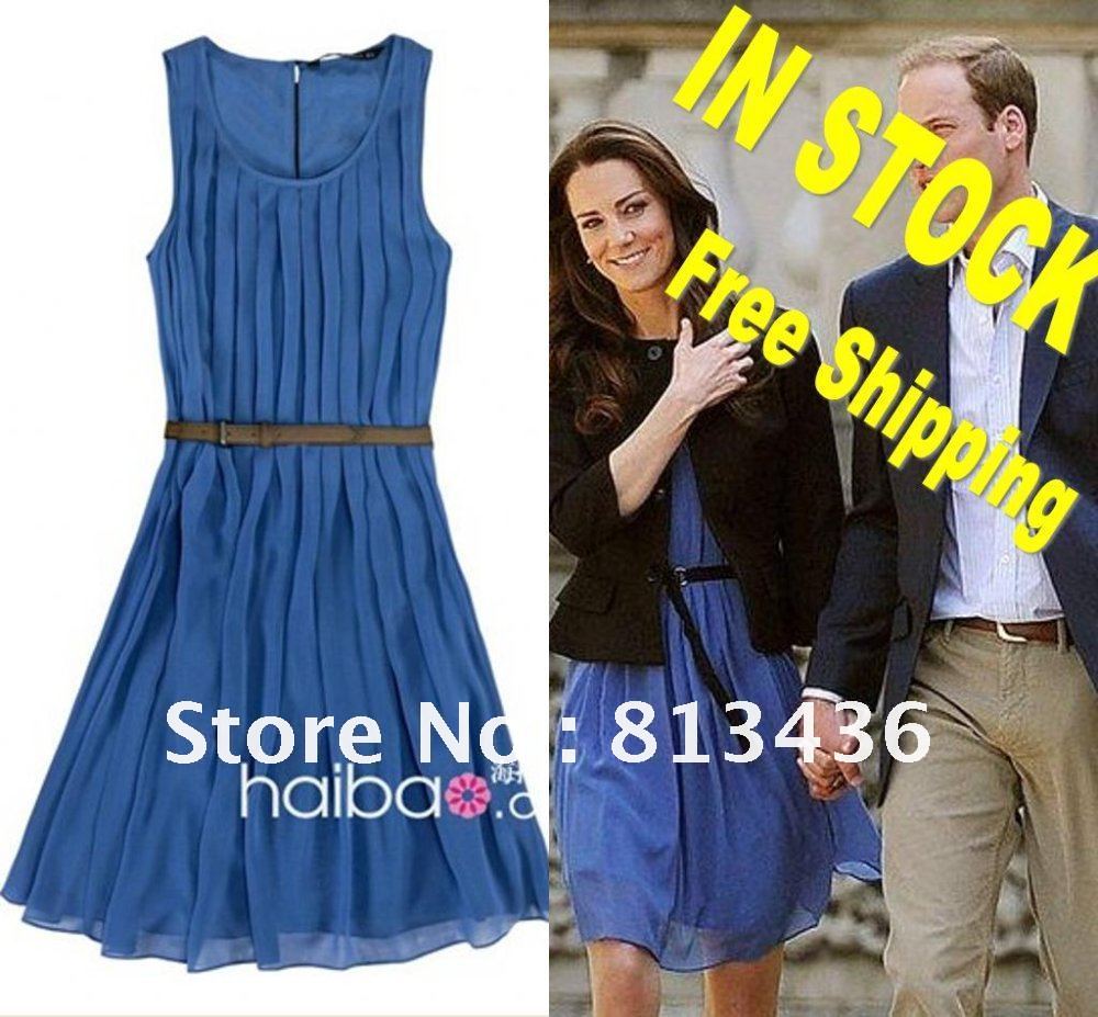 In Stock ! Princess Kate Middleton Short Round Collar Royal Blue Knee Length Chiffon Celibrity Dresses Homecoming Dress CD-03
