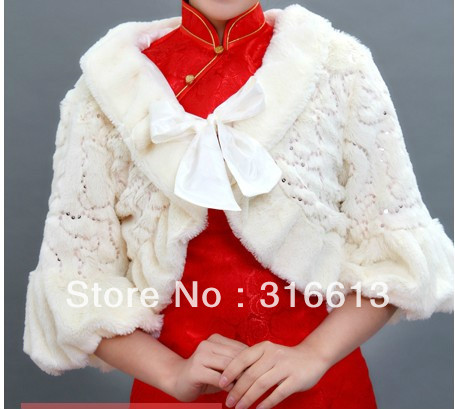 In stock real image cheap price Faux Fur Wedding Bridal Wrap Shawl Jacket Coat Bolero with Bows