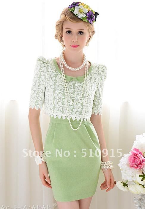 In the summer of 2012 new green/spell white bud silk OL temperament of tulips sleeve dress