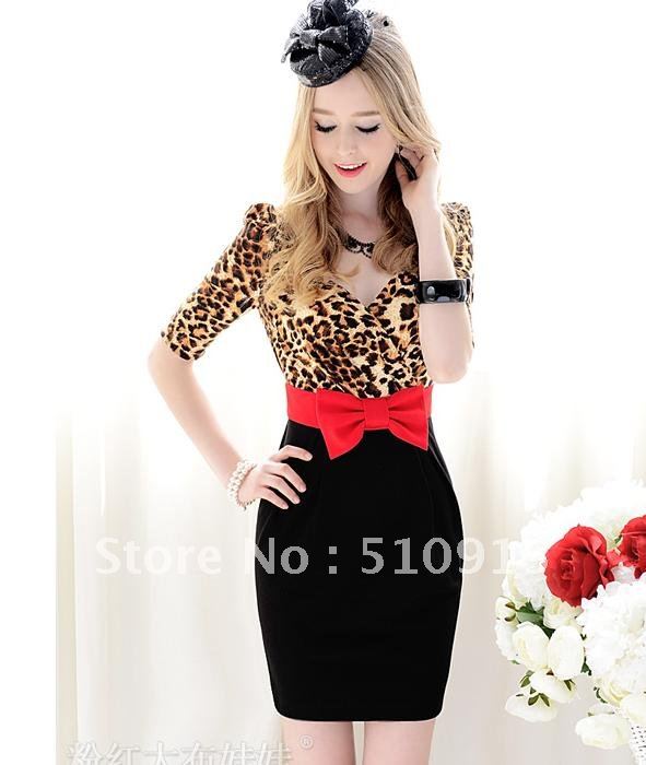 In the summer of 2012 new leopard grain with red bowknot spell black cultivate one's morality in tight sleeve dress