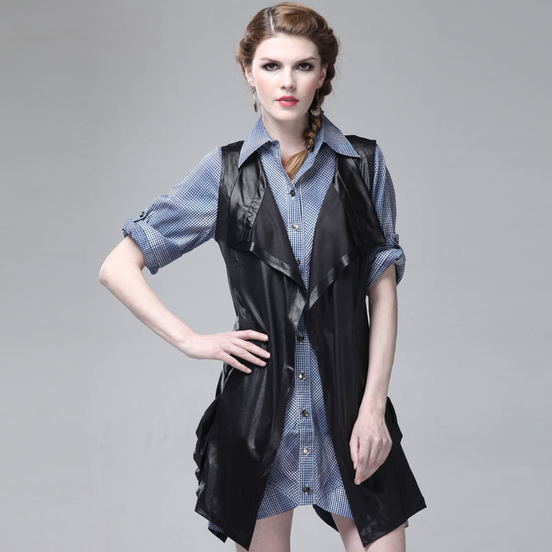 Independent women's 2012 spring and autumn black glossy knitted long vest cloak outerwear w007