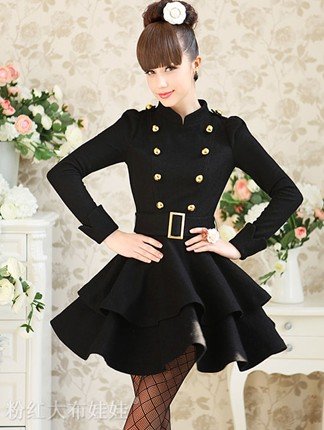Individual Autumn Winter New Arrival Fashion Double Breasted Collect Waist Stand Collar Woolen Dress Black Free Shipping