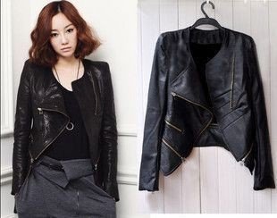 ` individual design oblique zipper detachable wash PU black leather coat,Free delivery