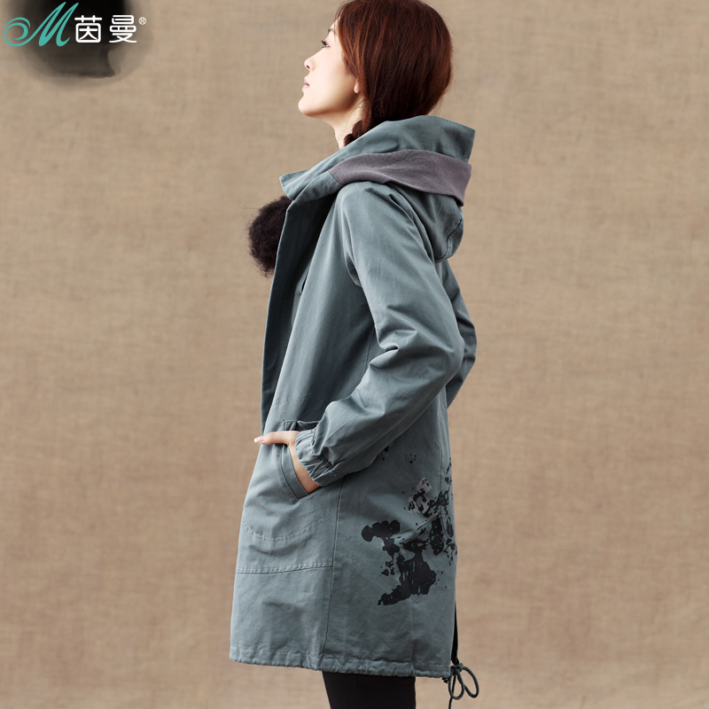 INMAN 2012 autumn new arrival 100% cotton thickening autumn outerwear female hooded solid color long design trench female w3916
