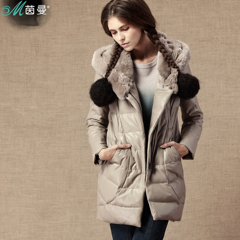 INMAN 2012 winter with a hood rex rabbit hair genuine leather patchwork down coat female long design c824121227