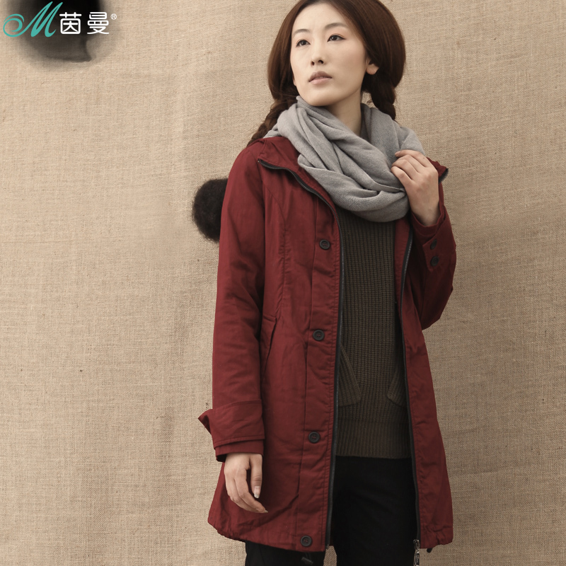 Inman INMAN 2012 winter female 100% cotton patchwork loose medium-long with a hood trench outerwear 823061860