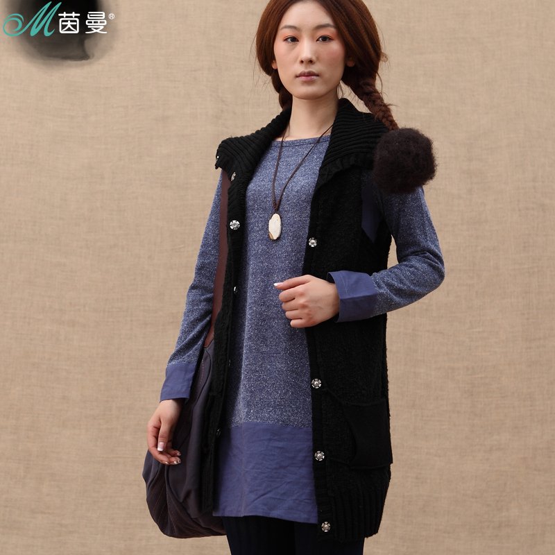 Inman INMAN 2012 winter female turtleneck open front threads patchwork medium-long sleeveless sweater 823132810