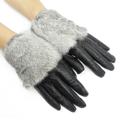 Inner fleece black women's genuine leather gloves winter thermal women's rex rabbit hair decoration female sheepskin gloves