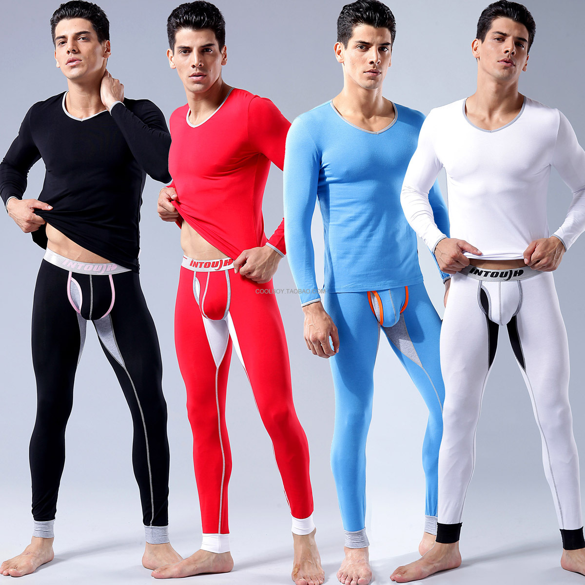 Intouch consmile male underwear set cotton 100% V-neck tight fitting male long johns long johns set
