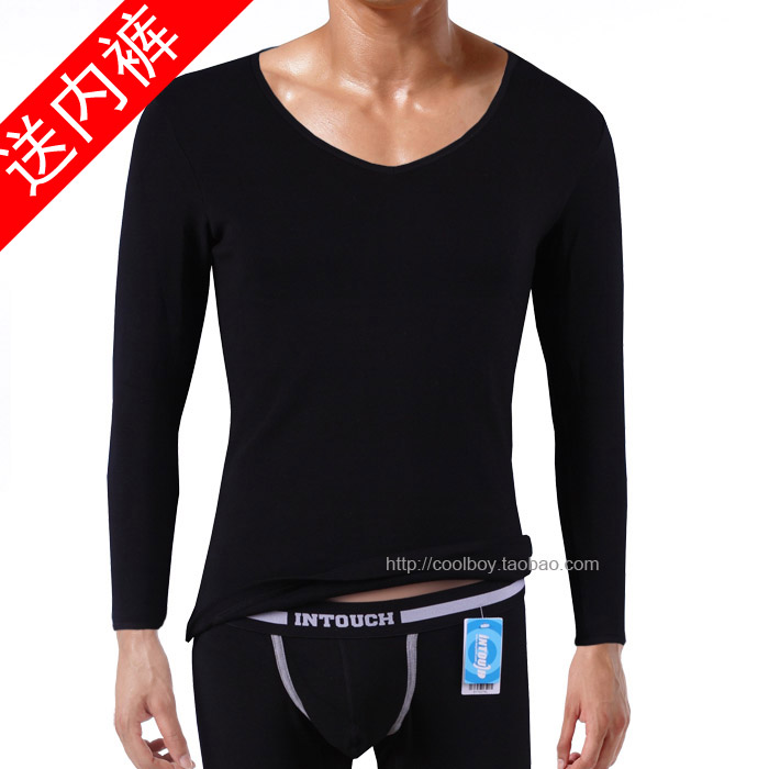 Intouch low V-neck thick long johns 100% cotton slim male thermal underwear long johns thermal set