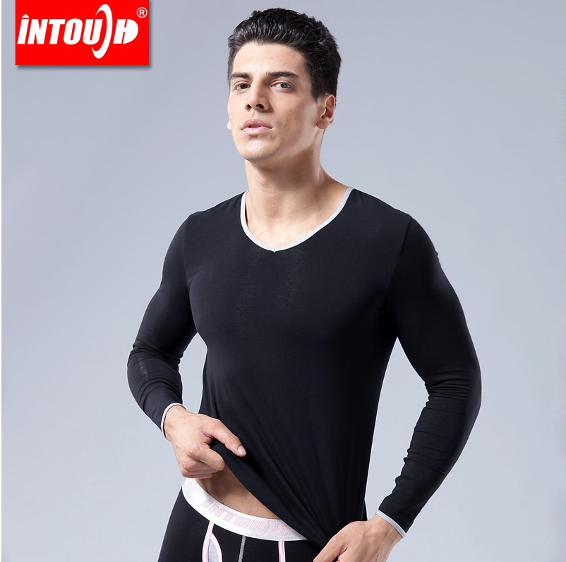 Intouch lycra cotton thermal underwear male V-neck 100% cotton set black slim male underwear set