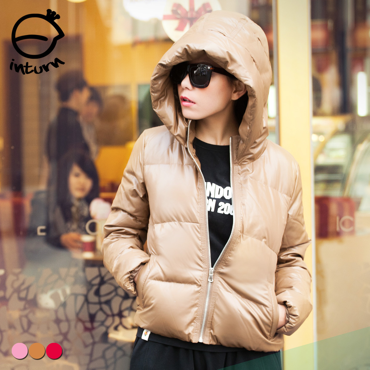 Inturn women's hooded zipper down coat female short thick slim design