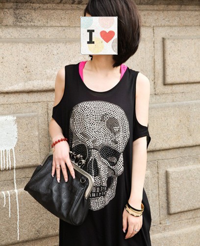 IRIS Knitting AS-050 Free Shipping Fashion Women's 2013 Skull Skeleton Cartoon Punk Style Back Hollow Out Vest Tops T-shirt Hot