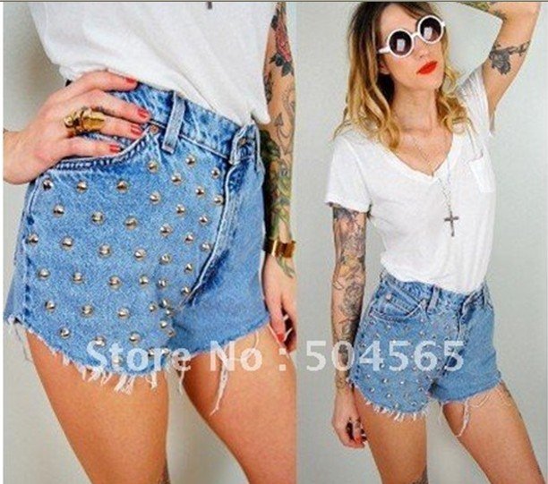 IRIS Knitting CA12185 Free shipping,Women Studs Rivet Short Jeans,Fashion Wornout Hot Pants,Lady Wash Denim High-waist Shorts