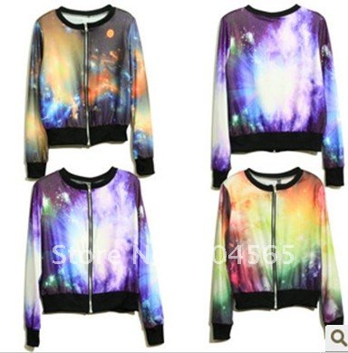 IRIS Knitting CO-016 Free Shipping,Women's Galaxy Space Coat,Fashion Zip Long-sleeve Jacket,Lady Printing Coats