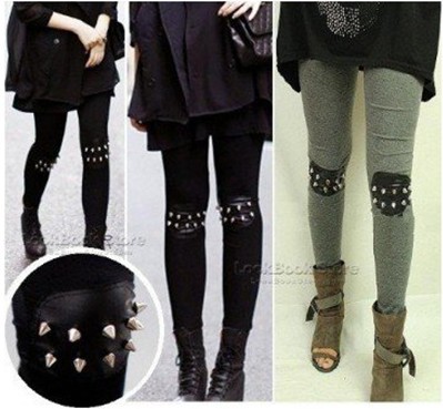 IRIS Knitting FH-021 2013 Women Punk Knee Rivet Studs Spike Faux Leather Patch Leggings Legwear Tights Free Shipping