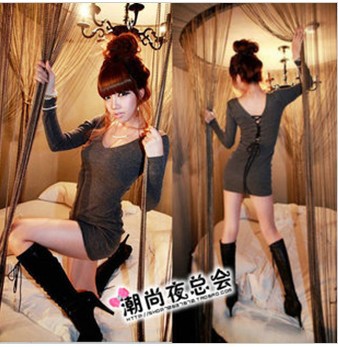 IRIS Knitting Free Shipping 2013 Spring Club Dress See-through Black Sexy Patchwork Dresses Women Long Sleeve Tops DR-063