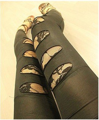 IRIS Knitting Free Shipping+5pcs/lot LG-200 Women Fashion Double Cut Off Metallic Leather+Lace Look Skinny Leggings/Pants
