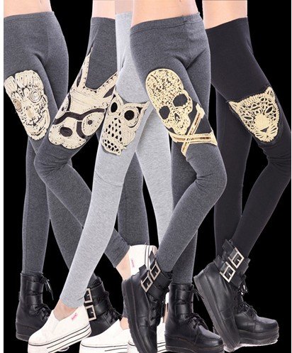 IRIS Knitting Free Shipping LG-286 Women's Fashion Skull Printing Leggings Winter Wear Dry Stockings Skinny Pants