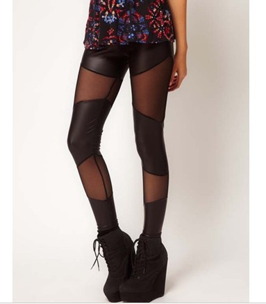 IRIS Knitting Free Shipping LG-318 Women Fashion Punk Metalic PU Leather Look+Yarn Pants Leather Legging