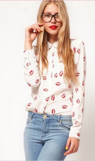 IRIS Knitting Free Shipping Women Chiffon Red Lips Shirts Fashion Long Sleeve Turn-down Collar Blouse TS-091