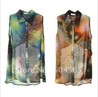 IRIS Knitting TS-002 Free Shipping,2012 NEW Women Shirts,Digital Printing Starry Shirt,Fashion Chiffon Summer Cool Blouse