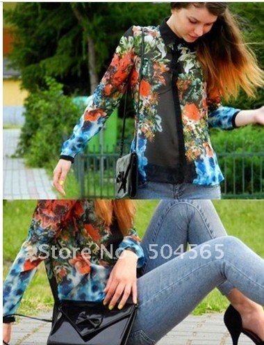 IRIS Knitting TS-026 Free Shipping,Women Silk Printing Chiffon Shirts,Fashion 2012 New Popular Flowers Blouse