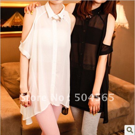 IRIS Knitting TS-041  Free Shipping,2012 NEW Women Off-Shoulder Shirts,Fashion Sexy Perspective Chiffon Blouse,Lady Summer Cool