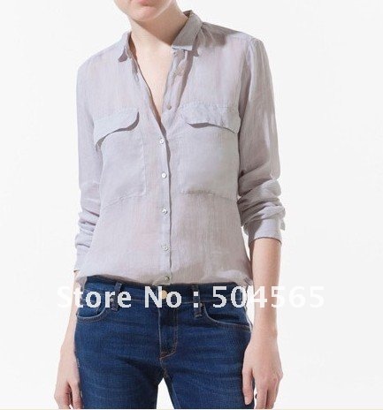 IRIS Knitting TS-059 Free Shipping,Women Chiffon Vintage Shirts,Fashion Europe Famous Brand Two Pockets Shirt,Lady Blouses