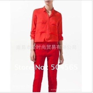 IRIS Knitting TS-061 Free Shipping,Women Chiffon Vintage Shirts,Fashion Europe Famous Brand Shirt,Lady Pockets Blouses