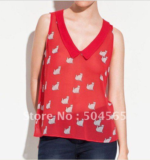 IRIS Knitting TS-064 Free Shipping,Women Chiffon Cats Shirts,Fashion Europe Famous Brand T-shirt,Lady Summer Cool Blouses