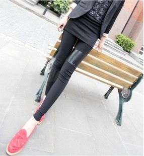 Irregular faux leather patchwork thin legging ankle length trousers