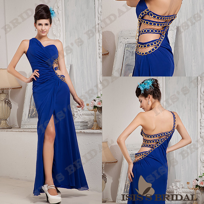 ISIS'S BRIDAL 2013 Free Shipping Beautiful strapless Sleeveless A-Line blue chains fashion Chiffon long  Evening Dress