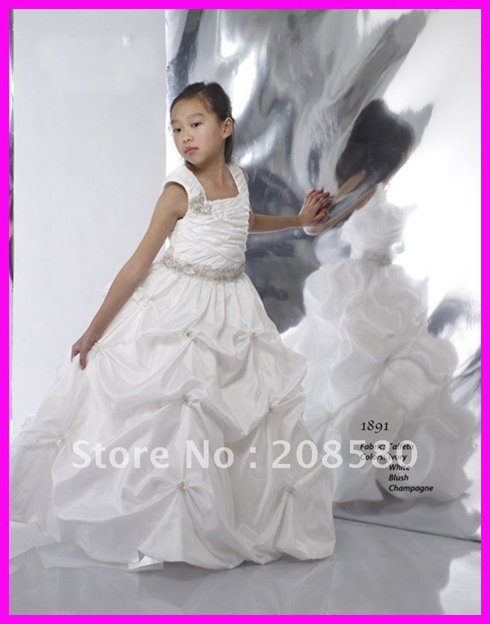 Ivory Princess Long Beaded Straps Taffeta Junior Bridesmaid Flower Girl Dresses F161