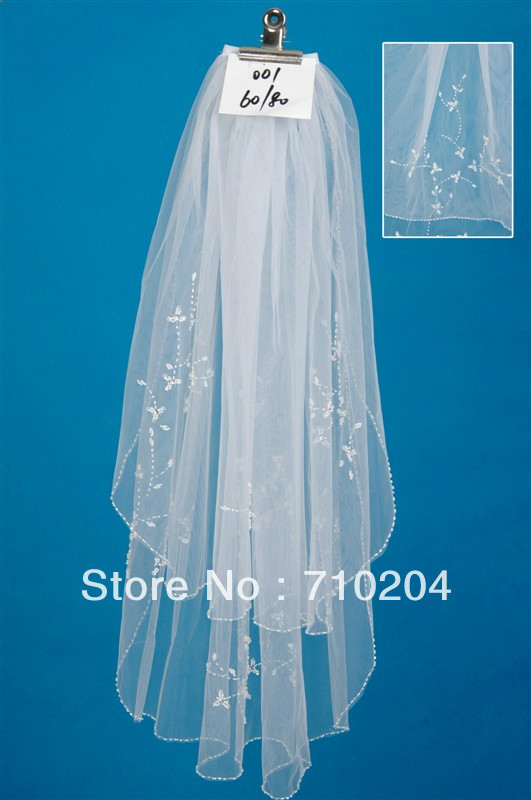 Ivory/White 2 Tier Waist Length Bridal Wedding Veil 32" With Crystals Ribbon Edge