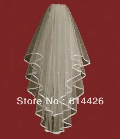 Ivory/White 2 Tier Waist Length Bridal Wedding Veil 34" With Crystals Satin Edge retail and wholesale