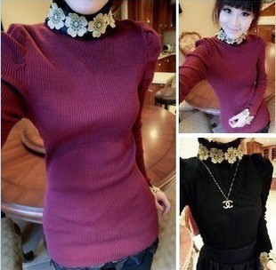 J to2012 winter sweet flower chiffon pleated stand collar puff sleeve sweater basic shirt female free shipping