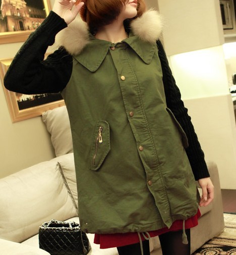 J-xuan Fur Collar Yarn Knitted Sleeve With A Hood Clothes Medium-long Trench Outerwear