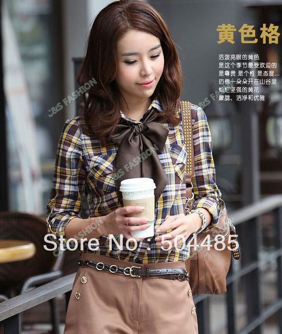 [J323] 2013  new fashion lady free to join collar lattice shirts wholesale korean blouse grid shirt