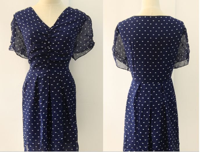 J385 Lady One Piece Navy Chiffon Dress V Collar Short Sleeves Ruffle Large Sizes