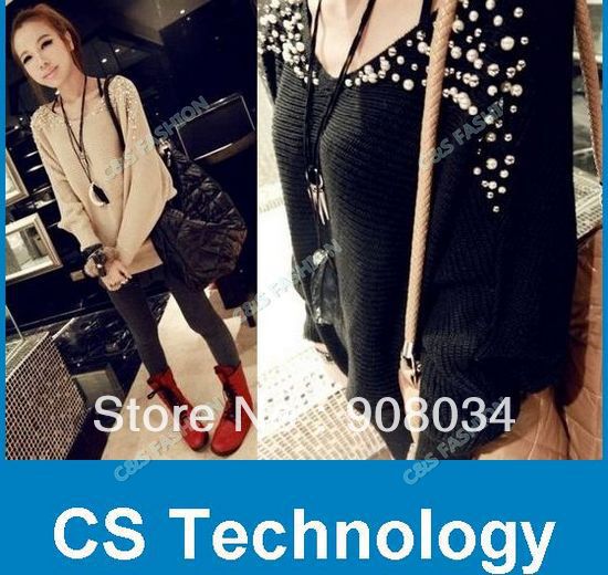 [J424] 2012 autumn new arrival knitted pullover batwing shirt pearl beading long-sleeve o-neck sweater female